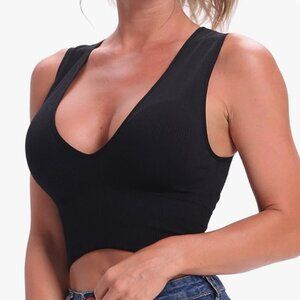 Sleeveless Ribbed V-Neck Crop Tank Top in Size Small Petite